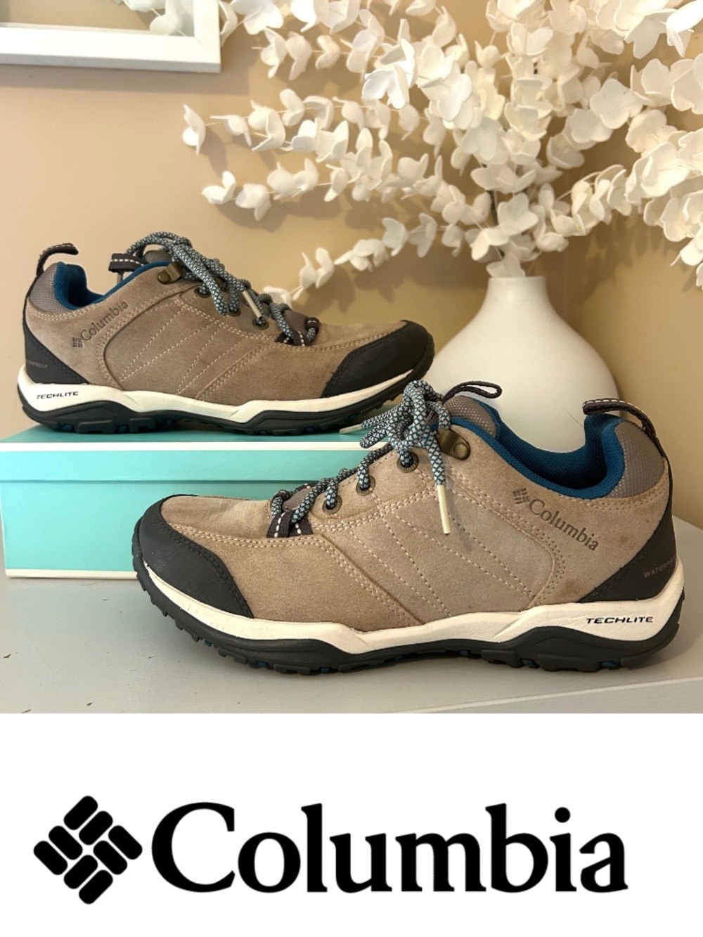 Columbia Techlite Waterproof Suede Hiking Shoe Tan/Blue Size 7.5
